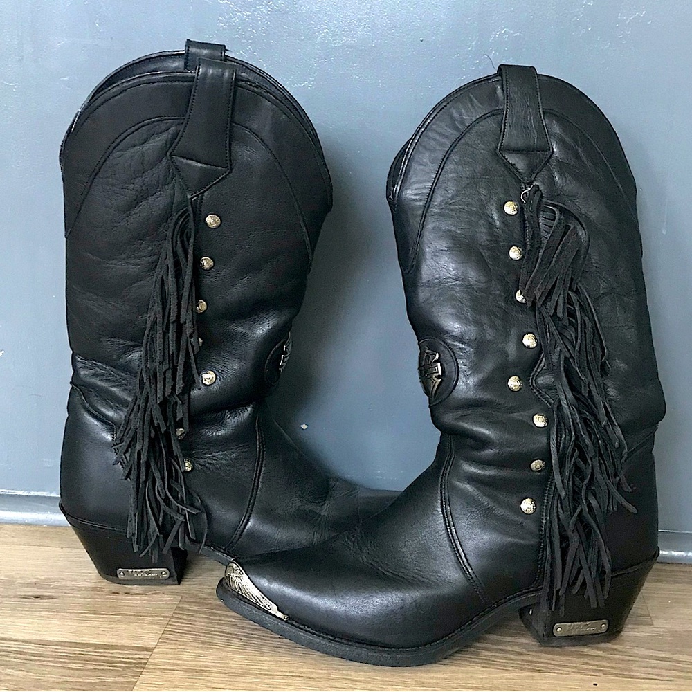 Vintage Harley Davidson Fringe Black Silver Studded Cowboy Boot Western